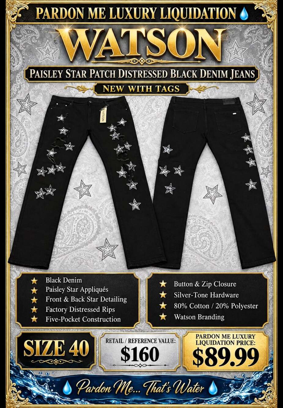 Watson Paisley Star Patch Distressed Black Denim Jeans